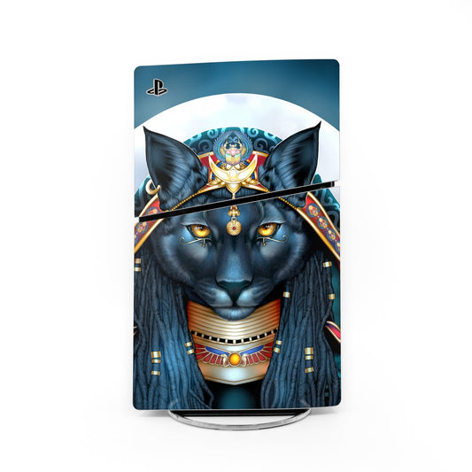 PS5 Slim console skin with dark cat face graphic and blue decorative background