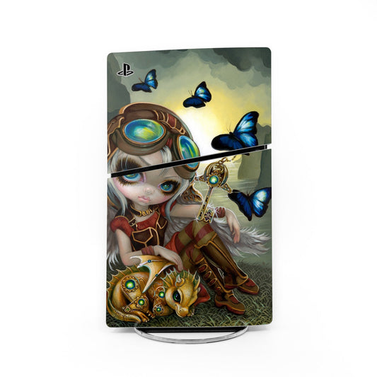 PS5 Slim console skin with blue butterflies and steampunk character art