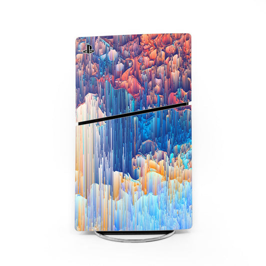 PS5 Slim console skin with blue, orange cloud glitch pattern and PlayStation logo