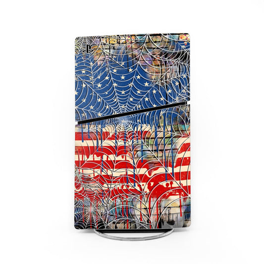 PS5 Slim skin decal with blue and red cobweb flag design