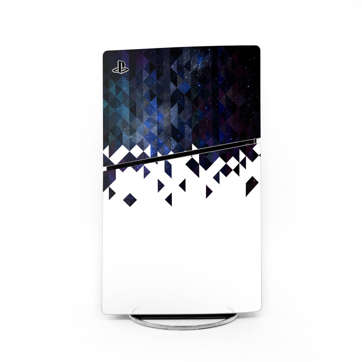 PS5 Slim skin with blue-purple geometric and starburst pattern over white panel
