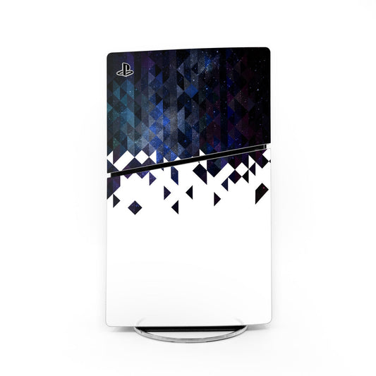PS5 Slim skin with blue-purple geometric and starburst pattern over white panel