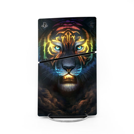 PS5 Slim skin decal with flaming lion and tiger face graphic