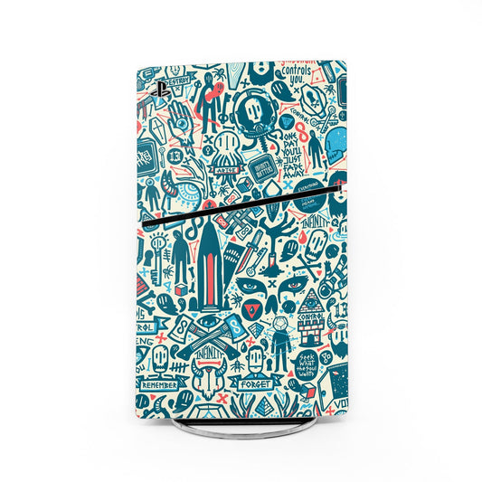 PS5 Slim console skin, teal with colorful game icons and controller graphics
