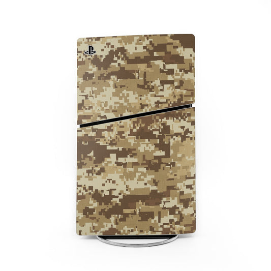 Sony PS5 Slim skin with coyote camouflage pattern, rounded corners, cutouts