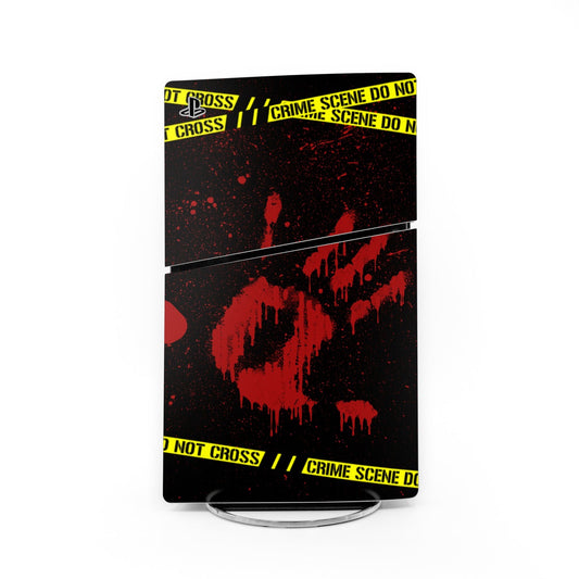 PS5 Slim console skin, black with red crime scene graphic and caution tape border
