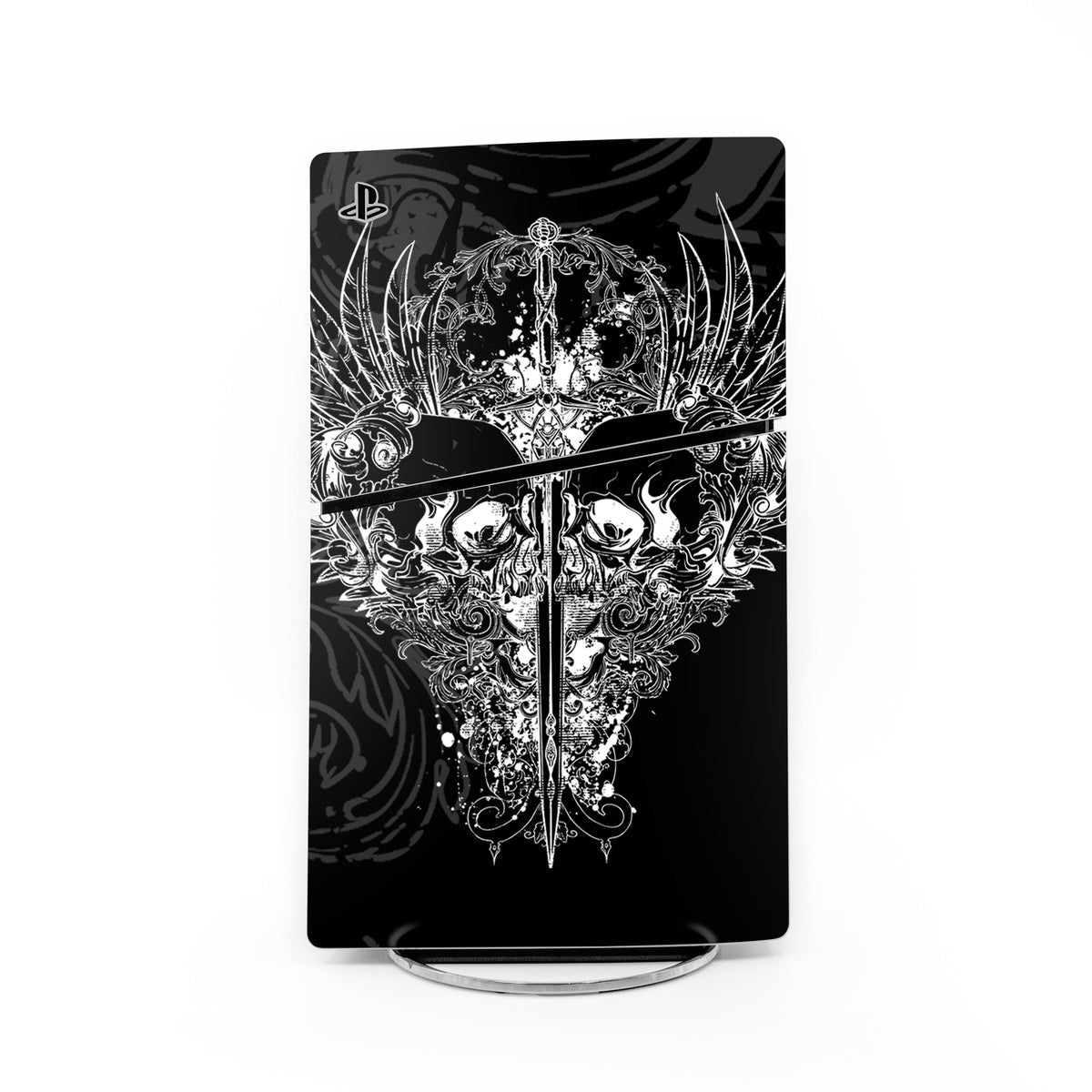 PS5 Slim skin decal with black base and silver ornate fantasy crest graphic