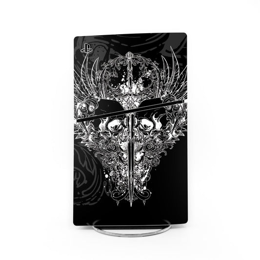 PS5 Slim skin decal with black base and silver ornate fantasy crest graphic