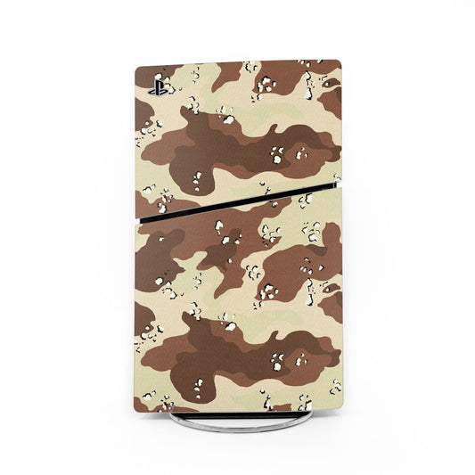 PlayStation 5 Slim skin with desert camouflage pattern and small PS logo