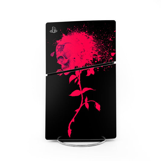 PS5 Slim console skin, black with pink skull and flower graphic