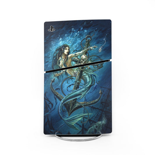 PlayStation 5 Slim console skin with blue fantasy mermaid artwork and holographic design