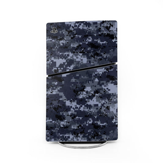 PlayStation PS5 Slim skin with dark navy pixel camo pattern and PlayStation logo