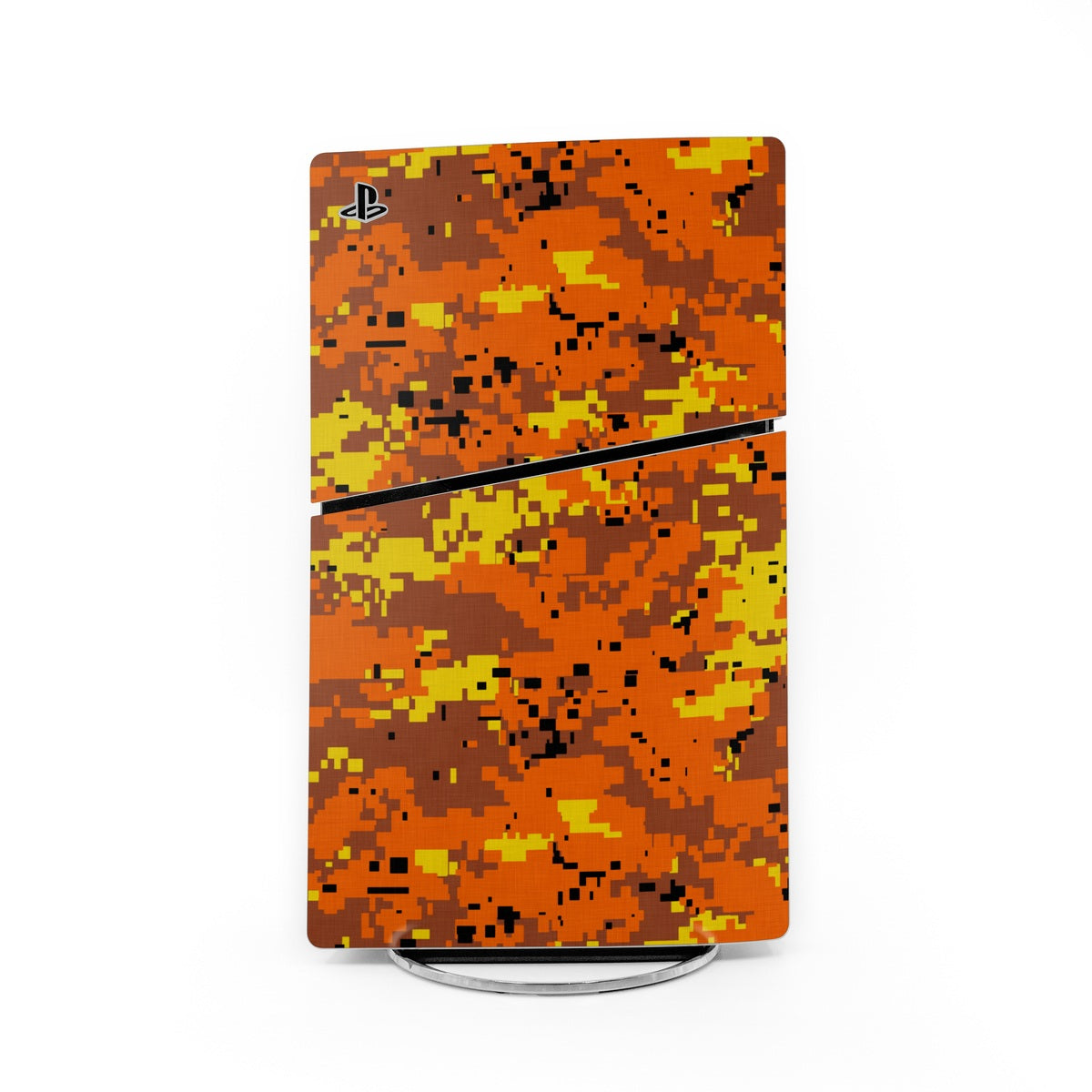 Orange digital camo PS5 Slim skin with PlayStation logo