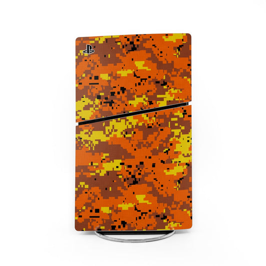 Orange digital camo PS5 Slim skin with PlayStation logo