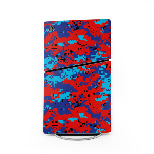 PlayStation PS5 Slim camo skin, red and blue digital camouflage pattern