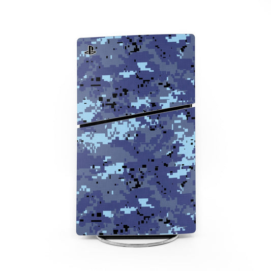 PlayStation 5 Slim skin with digital sky camo in blue and purple