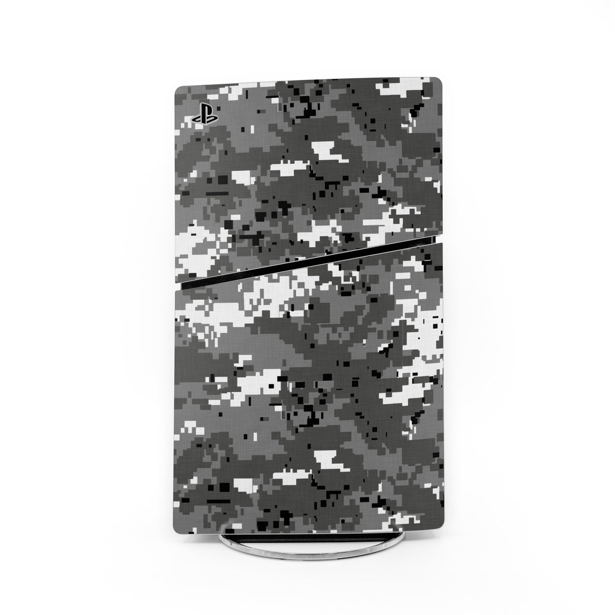 PlayStation 5 Slim console skin, digital urban camo in gray and black