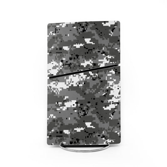 PlayStation 5 Slim console skin, digital urban camo in gray and black