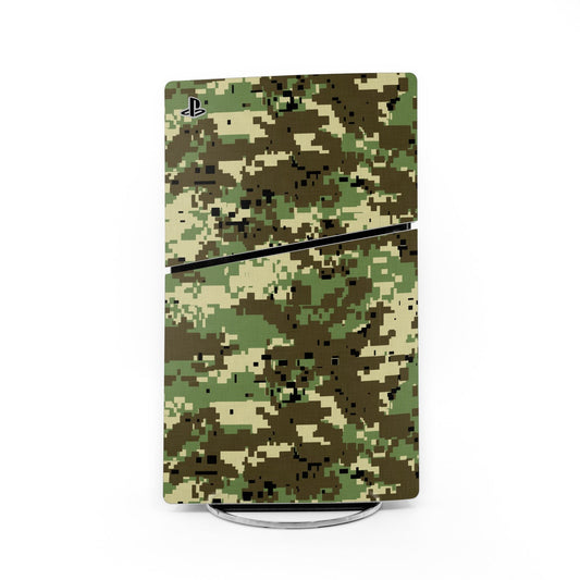 Woodland camo PS5 Slim skin decal, rectangular with edge cutouts