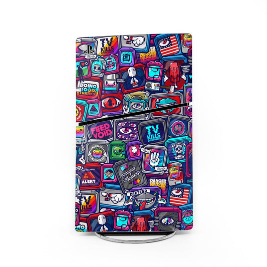 Sony PS5 Slim skin with colorful cartoon tech icon pattern