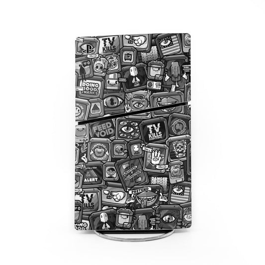 PS5 Slim skin in black-and-white comic icon pattern, full-cover decal