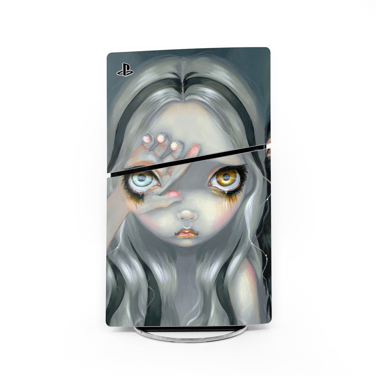 PlayStation PS5 Slim skin decal with stylized pale face artwork in cool blue and gray