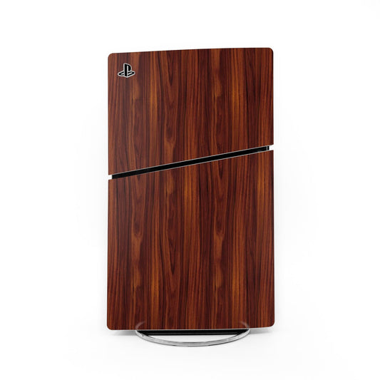 Dark rosewood wood-grain PS5 Slim skin with PlayStation logo and black stripe
