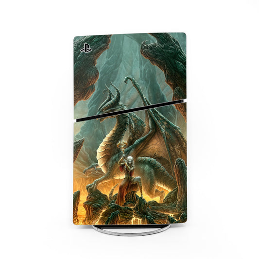 Dragon mage PS5 Slim skin decal with green dragon artwork and crossbow scene