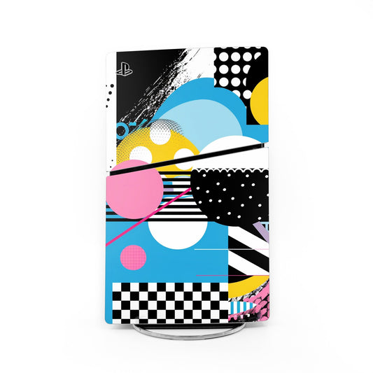 PS5 Slim console skin with colorful geometric PlayStation-themed graphics and logos
