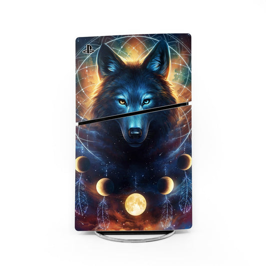 PlayStation 5 Slim skin with blue wolf face and neon galaxy artwork