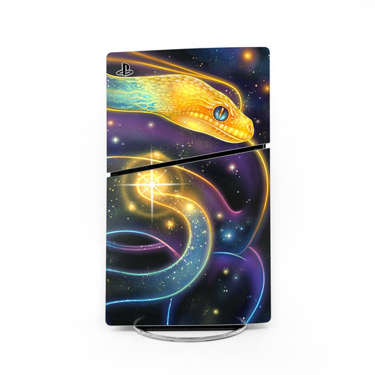 PS5 Slim console skin with golden dragon head in starry space design