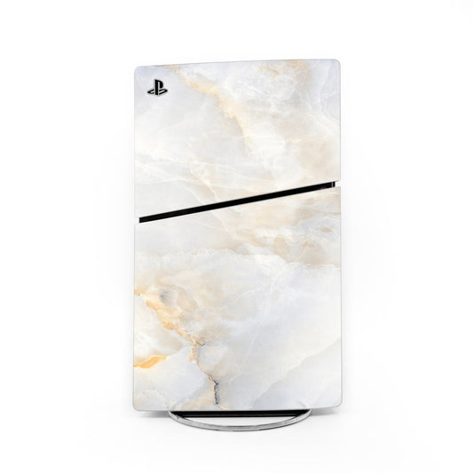 PS5 Slim marble skin with PlayStation logo and black divider strip