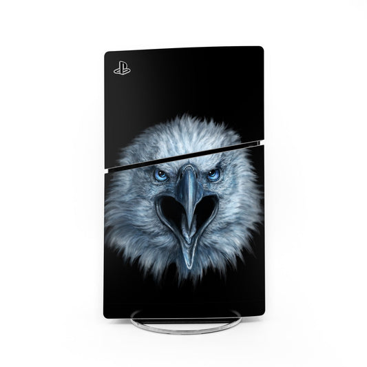 Sony PS5 Slim skin sticker with eagle face, blue eyes on dark background