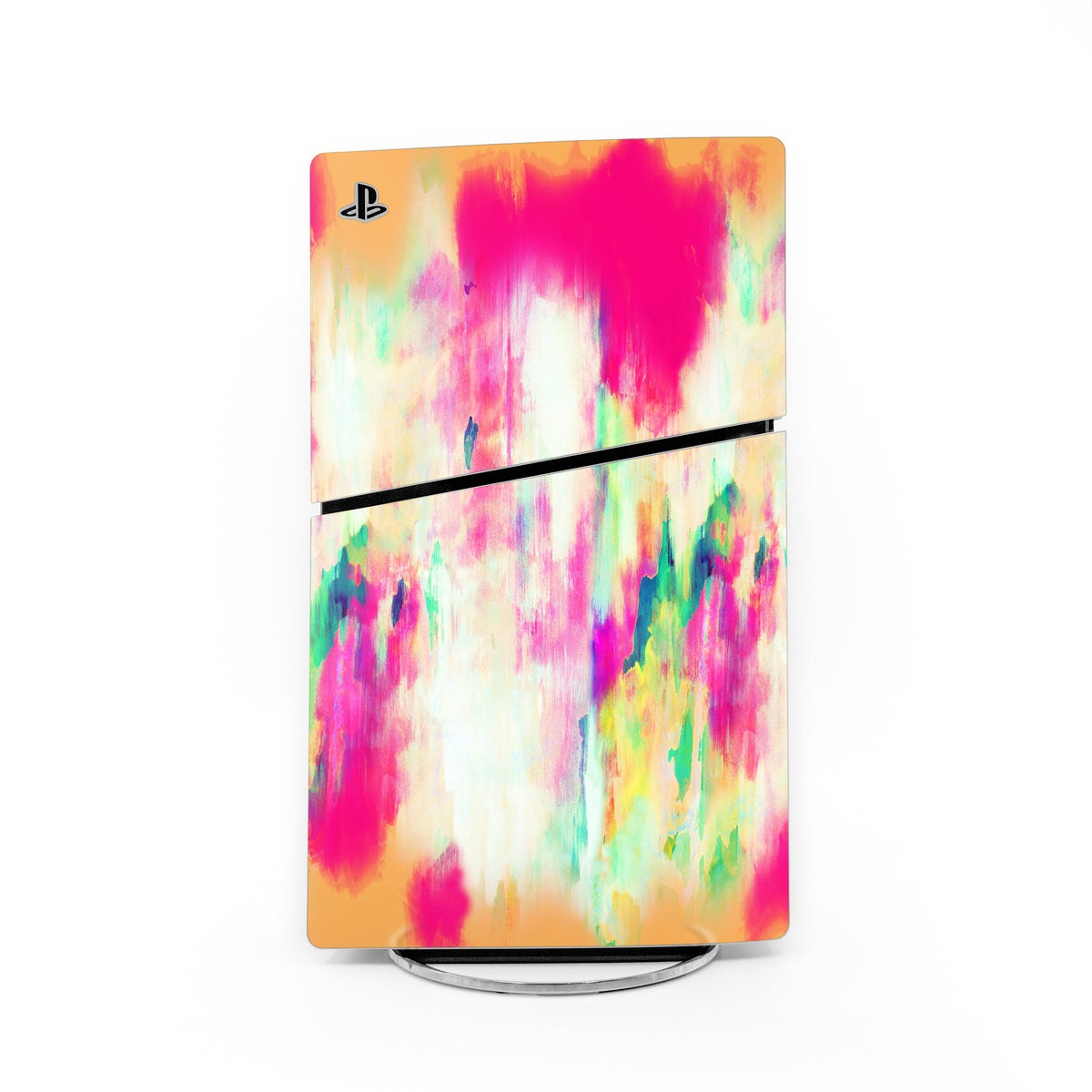 PlayStation PS5 Slim skin, colorful abstract pink with PlayStation logo and black stripe