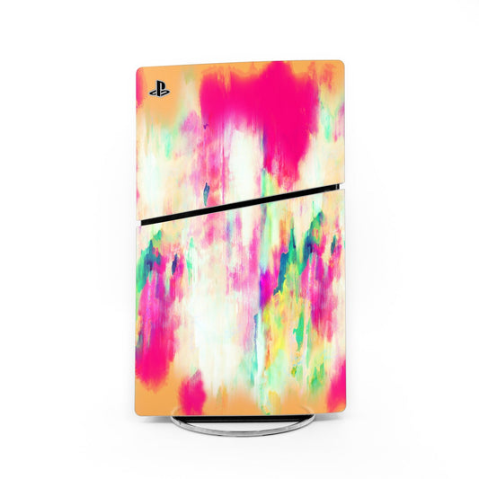 PlayStation PS5 Slim skin, colorful abstract pink with PlayStation logo and black stripe