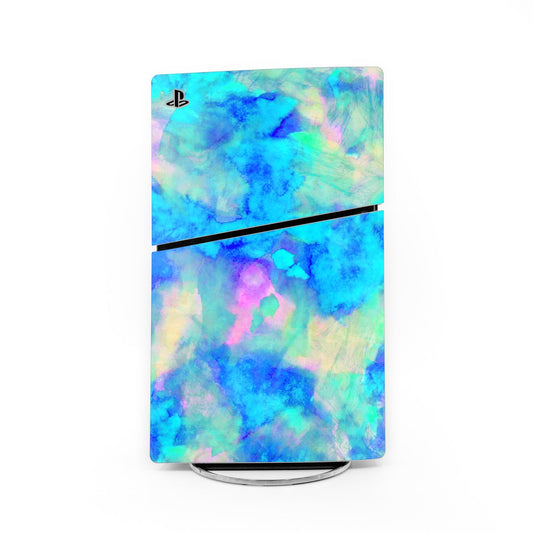 PlayStation PS5 Slim console skin, ice blue abstract galaxy with black divider stripe