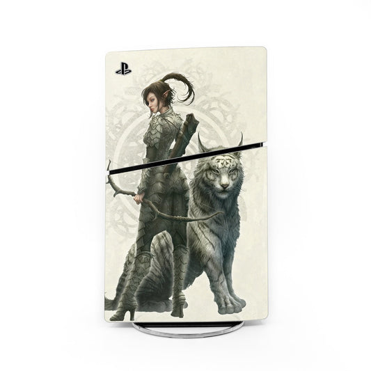PS5 Slim console skin with half-elf girl and gray wolf artwork