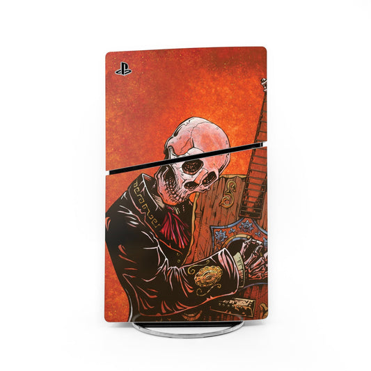 PS5 Slim skin with PlayStation logo and colorful guitarist illustration on orange