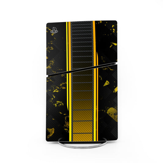 Black and gold PlayStation PS5 Slim console skin with vertical stripe and geometric design