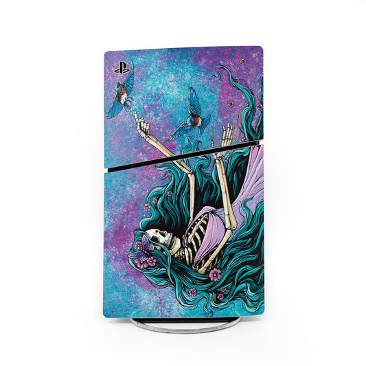 PlayStation PS5 Slim console skin with purple blue octopus fantasy artwork, PS logo