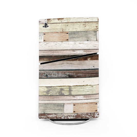 Eclectic wood PS5 Slim skin with plank pattern and PS logo cutouts