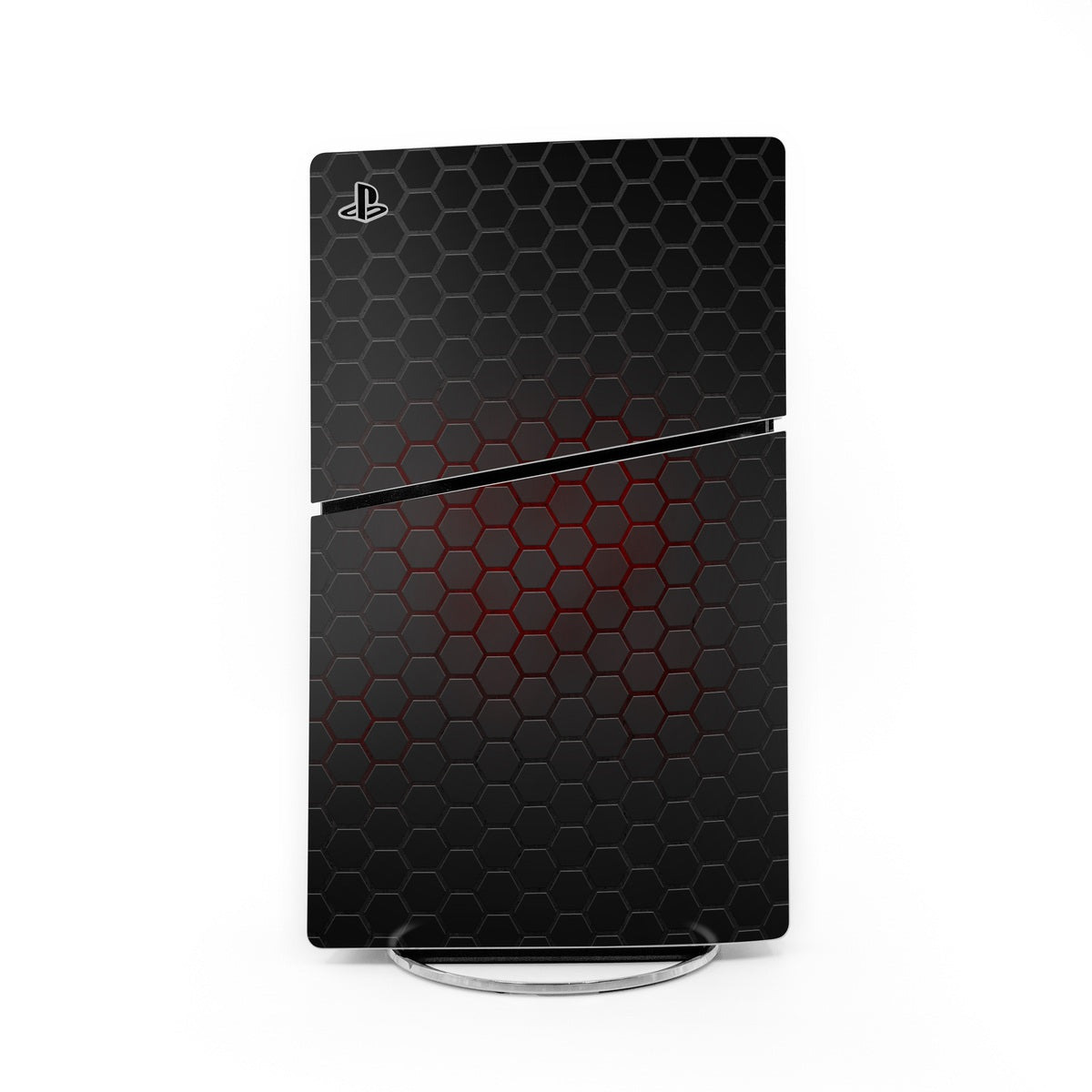 PlayStation 5 Slim skin with dark hex pattern and red heartbeat stripe