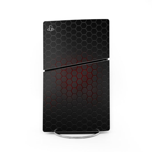 PlayStation 5 Slim skin with dark hex pattern and red heartbeat stripe