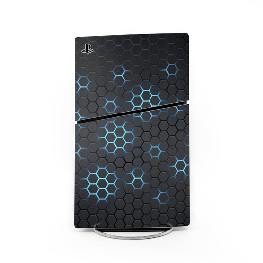 PlayStation PS5 Slim console skin, black hex pattern with blue neon lines