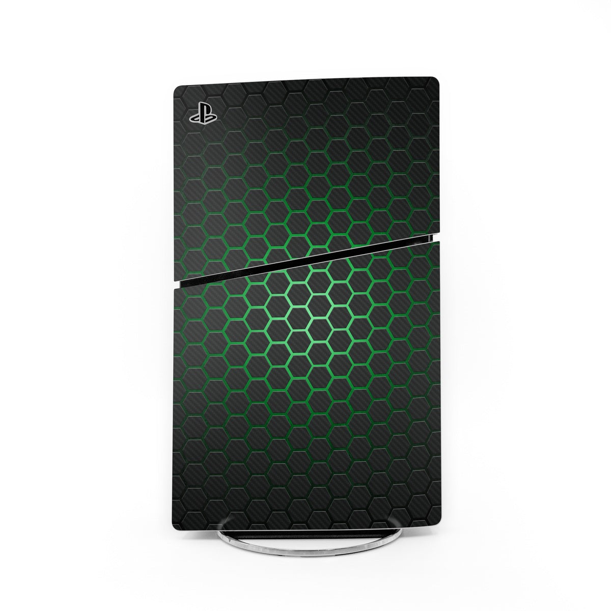 PS5 Slim skin with black hex pattern and green neon lines, PlayStation logo