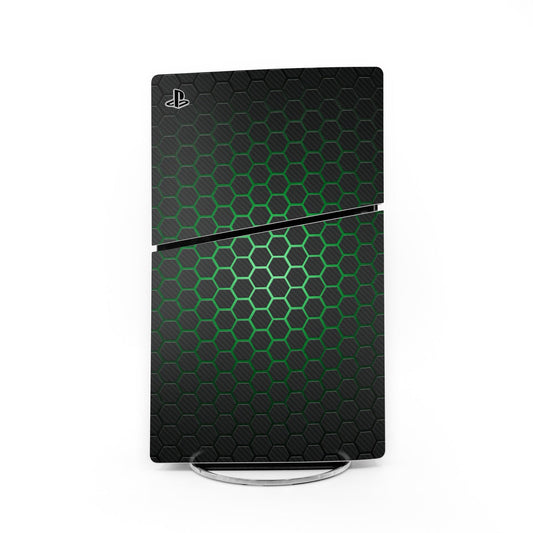 PS5 Slim skin with black hex pattern and green neon lines, PlayStation logo