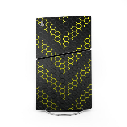 PS5 Slim console skin with dark hexagon pattern and neon yellow accents