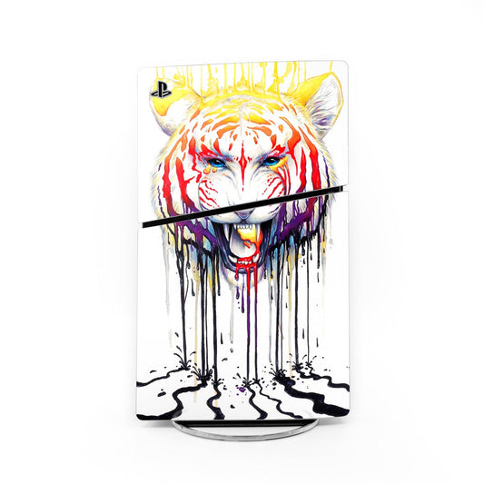 PS5 Slim console skin with colorful tiger face graphic and black dripping paint