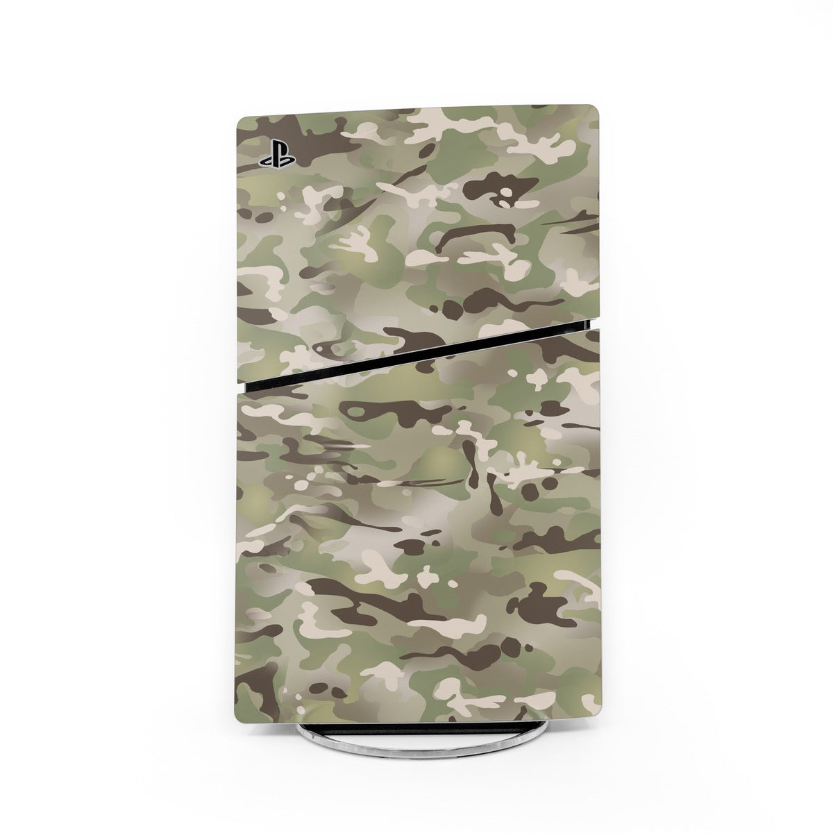 PS5 Slim skin with green and gray camouflage pattern and PlayStation logo