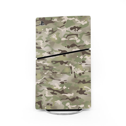 PS5 Slim skin with green and gray camouflage pattern and PlayStation logo